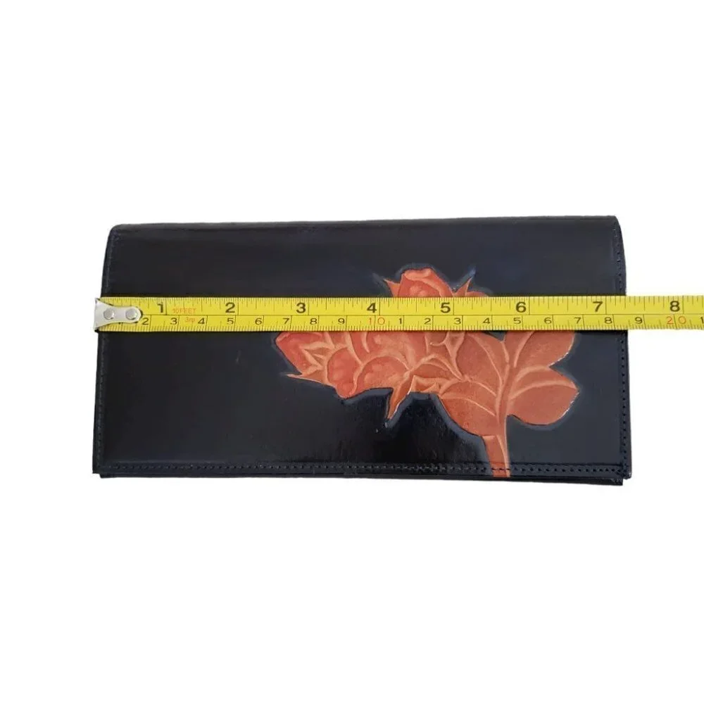 Handmade Japanese carved leather wallet navy blue with brown flowers - Picture 12 of 13